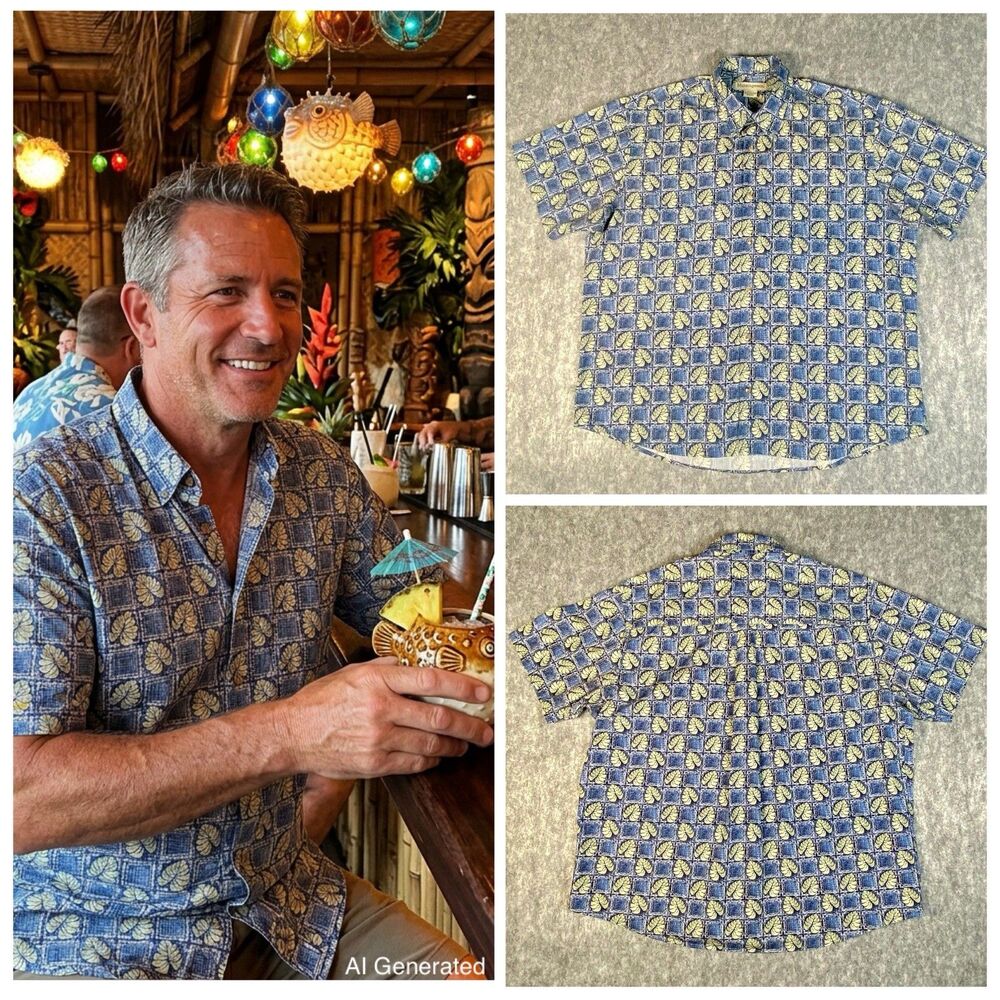 Munsingwear Hawaiian Aloha Camp Shirt XL Geometric with Monstera Leaves Cotton